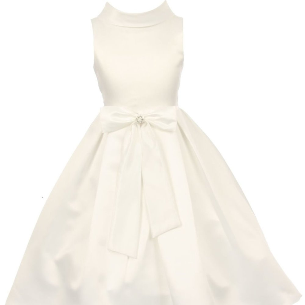 Little Girls Bridal Dull Satin Bow Rhinestone Easter Flowers Girls Dresses Ivory